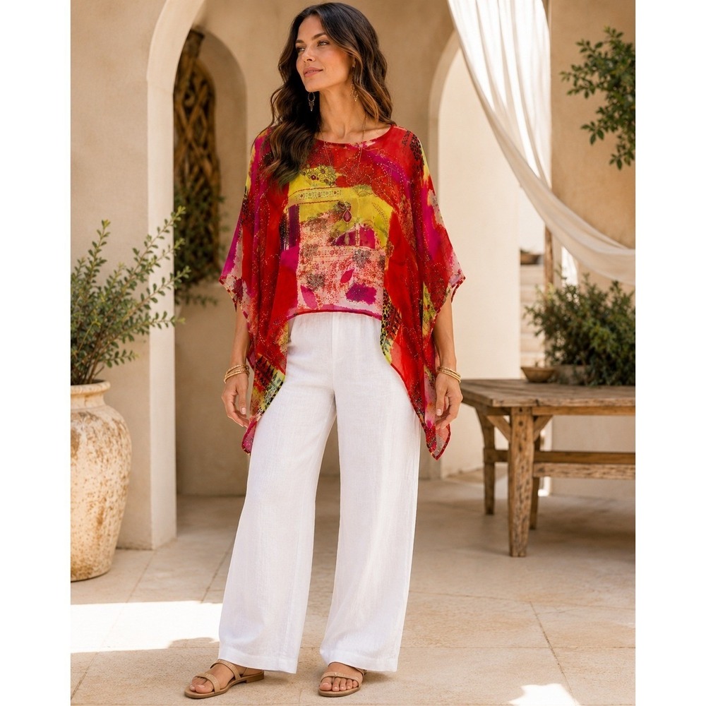 West End 100% Silk Beaded Poncho Top One Size Red Multi Floral Paisley 7076207